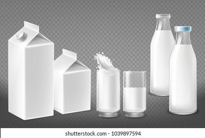 Vector realistic white containers for dairy natural products, milk bottles with lids, filled glasses, cardboard packs for yogurt, kefir or juice, package set isolated on transparent background
