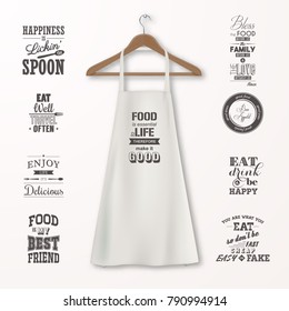 Vector realistic white cotton kitchen apron with clothes wooden hanger and quotes about food set closeup isolated on white. Design template, mock up for branding, graphics, advertising, printing