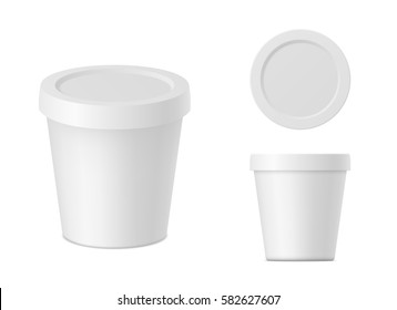 Vector realistic white cream container with cap isolated. Yogurt package on white background. Mock up front view, top view and isometric