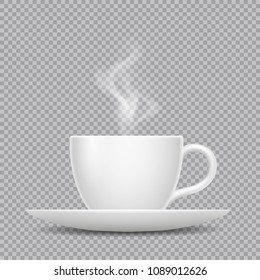 Vector realistic white cup with hot beverage and steam isolated on transparent background