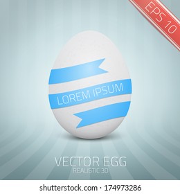 Vector realistic white egg. On abstract background. 3D Chicken Egg with blue stripe.