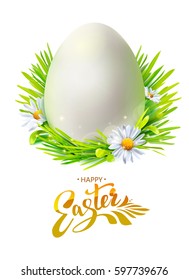 Vector realistic White egg on grass with flowers. On white background with hand drawing calligraphy. Easter Holiday symbol for greetings cards, banners, posters and over.
