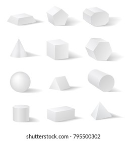 Vector realistic of white empty 3D cylinders circles cubes and other geometric shapes with shadows