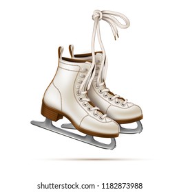 Vector realistic white figure skates, vintage ice rink equipment footwear. Winter active outdoor leisure ice skates, retro christmas and new year holiday decoration symbol.