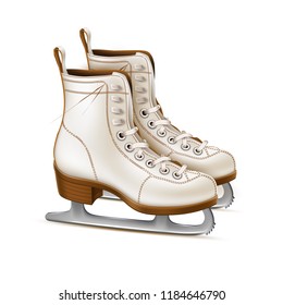 Vector realistic white figure skates, vintage ice rink equipment footwear. Winter active outdoor leisure ice skates, retro christmas and new year holiday decoration symbol.