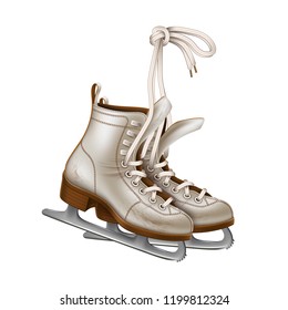 Vector realistic white figure skates, vintage ice rink equipment footwear. Winter active outdoor leisure ice skates, retro christmas and new year holiday decoration symbol.