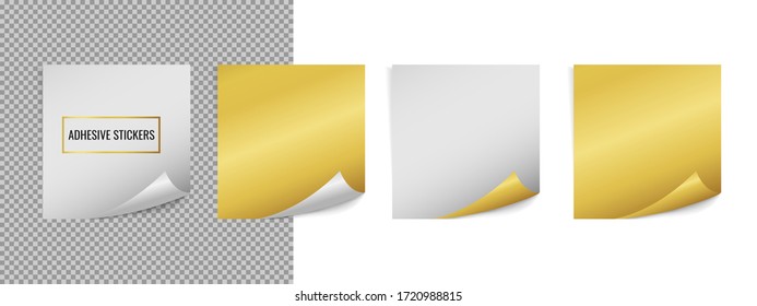 Vector realistic white and golden square sticker label mock up isolated on white and transparent. Sticky note paper reminder template. 3d paper rectangle sheet mockup illustration for your design.