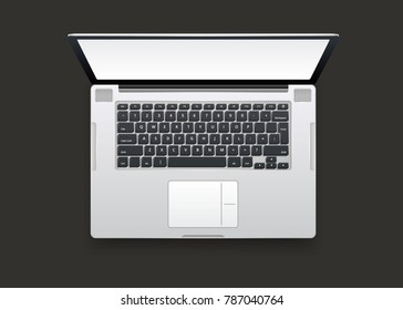 Vector realistic white laptop mockup. 3d computer illustration detailed keyboard, screen, touch pad top view. Blank modern mobile notebook, business equipment. Isolated illustration, black background.