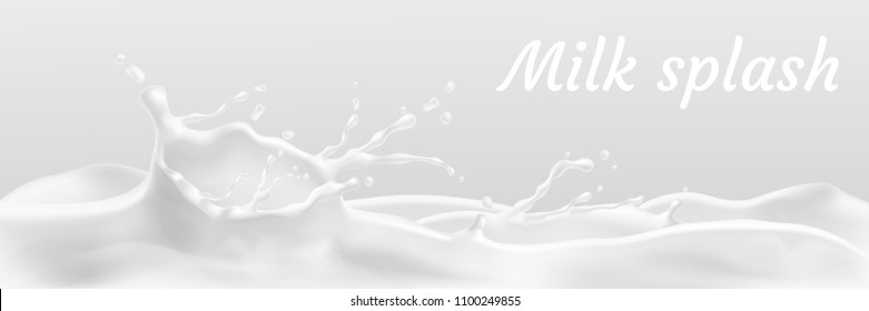 Vector realistic white milk splash, flowing yogurt or cream isolated on background. Dairy product, abstract horizontal wave with milky crown and drops. Template for advertising, package, label design