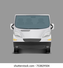 Vector realistic white minivan, city minibus, front view, with shadow, isolated on gray background.