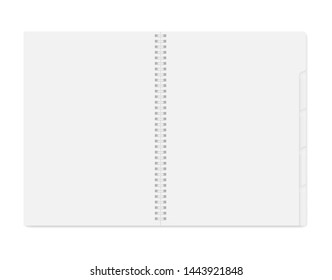 Vector realistic white mock up of notebook opened. Vertical blank spiral copybook, organizer or diary with tab divider pages on white background. 