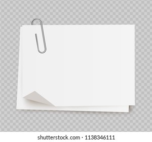 Vector realistic white note paper with paper clip on transparent background.