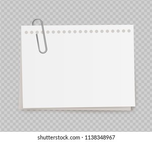 Vector realistic white note paper from note pad with paper clip on transparent background.