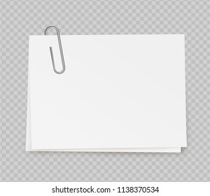 Vector realistic white note paper from with paper clip on transparent background.