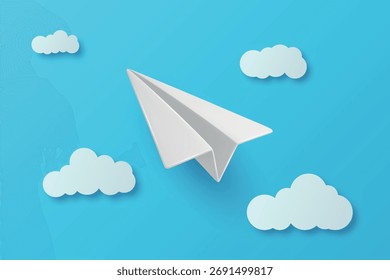 Vector Realistic White Paper Airplane Flying in Blue Sky Background. Paper Airplane Illustration for Education, Travel, Minimal Design. Clean Paper Airplane for Poster, Banner, Kids Craft