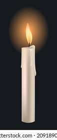 Vector realistic white  paraffin or wax burning candle with flame, melted wax drops, on dark background.