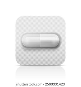 Vector Realistic White Pharmaceutical Medical Pill, Vitamins, Capsule in Blister Closeup Isolated. Pill in Blister Packaging Design Template. Front View. Medicine, Health Concept