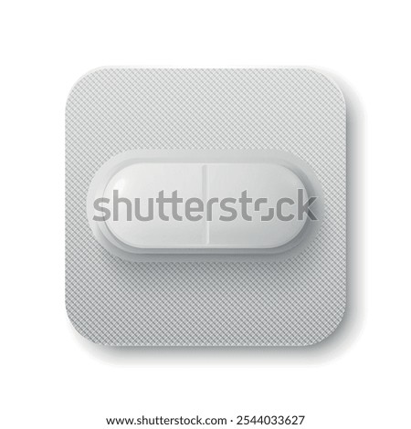 Vector Realistic White Pharmaceutical Medical Pill, Vitamins, Capsule in Blister Closeup Isolated. Pill in Blister Packaging Design Template. Front View. Medicine, Health Concept