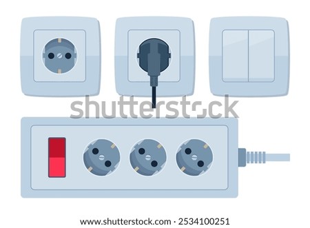 Vector realistic white switch and power socket for European type of electric equipment. Socket Extension cord. Electric Power outlet plug. Power strip. Vector illustration