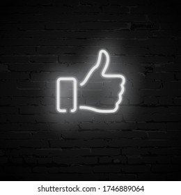 Vector realistic white Thumb Up neon symbol on dark brick wall.  Glowing inscription sign hand showing Like gesture, on grunge background. Design element signboard for social media, communication