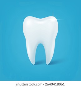 Vector Realistic White Tooth on Blue Background. 3d Clean Healthy Molar Icon for Dental Care, Dentist Clinic, Oral Hygiene, Teeth Whitening or Stomatology Poster Template