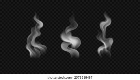 Vector realistic white, wavy mist, hot food steam, cigarette smoke. Set of fog, haze, insence smoke isolated on transparent background