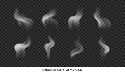 Vector realistic white wavy smoke, steam, haze. Swirl, soft fog or vapor isolated on transparent background