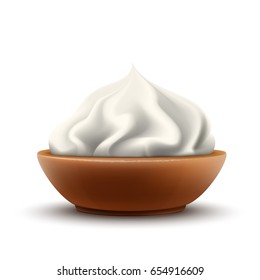 Vector Realistic White Whipped Cream in Clay Bowl Isolated on White Background