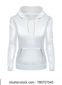 vector realistic white woman hoodie template mockup. Hooded sweatshirt, pullover, long sleeve sweater. Female clothing, apparel, illustration isolated on a white background ready for your design