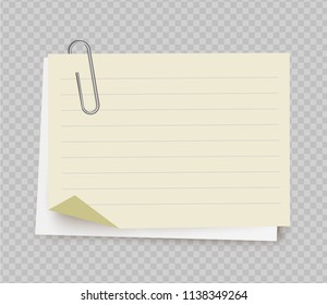 Vector realistic white yellow note paper from note pad with paper clip on transparent background.