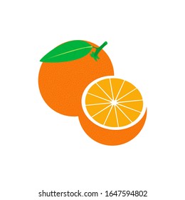Vector realistic whole and half of the orange isolated on white background. Fresh and juicy orange. Fruit illustration with flat design.