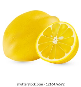 Vector realistic whole lemon and half a lemon isolated on white background. Isolated lemon on white backgrpund. Citrus fruit
