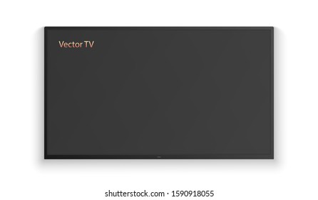 Vector realistic wide angle smart HD tv on the wall. Black led 3d screen isolated on white background.