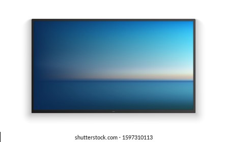 Vector Realistic Wide Angle Smart HD Tv On The Wall. Blue Aerial Panoramic View Of Sunrise Over Ocean. Led 3d Screen Isolated On White Background. Sunrise Watercolor Gradation.