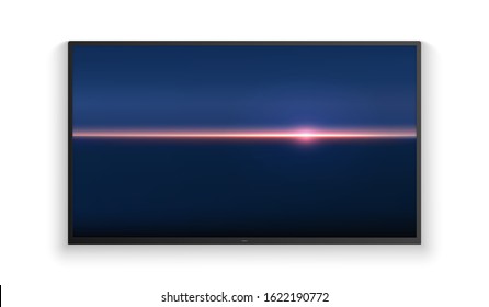 Vector Realistic Wide Angle Smart HD Tv On The Wall. Blue Aerial Panoramic View Of Sunrise Over Ocean. Led 3d Screen Isolated On White Background. Sunrise Watercolor Gradation.