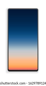 Vector realistic wide angle smartphone. Cell phone mockup. Blue aerial panoramic view of sunrise over ocean. Sunrise watercolor gradation background.