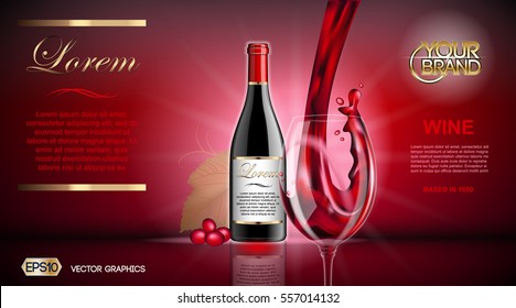 Vector Realistic Wine Glass and Bottle Mock up. Red vine grapes. Natural vibrant background with place for your branding. 3d illustration  future design or Advertise of  product