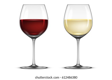 Vector realistic wineglass icon set - with white and red wine, isolated on white background. Design template in EPS10.