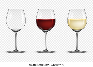 Juego de iconos vectoriales realistas de la copa de vino - vacío, con vino blanco y rojo, aislado sobre fondo transparente. Plantilla de diseño en EPS10.