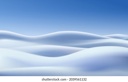 Vector realistic winter background with snow fields and blue sky.