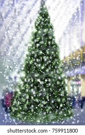 Vector Realistic Winter Snowfall In The City With Christmas Tree. Background Template For The Cards, Banners, Wallpapers Or Posters.