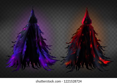 Vector realistic witch costume with hood, black ragged cape with red and purple glow for Halloween party isolated on transparent background. Scary dress for masquerade, magic tattered warlock clothes