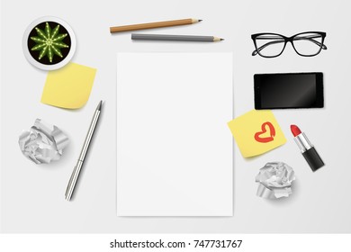 Vector realistic woman's workplace from above with blank paper, cactus, glasses, notes, crumpled papers and lipstick