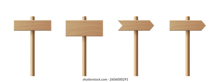 Vector Realistic Wooden Blank Sign Post Set. Realistic Road Signboard. Plywood Pointer, Timber, Directional Sign Design Template, Front View. Vector Illustration in 3D Style