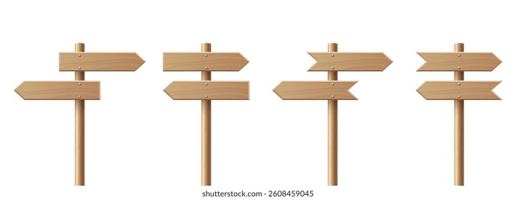 Vector Realistic Wooden Blank Sign Post Set. Realistic Road Signboard. Plywood Pointer, Timber, Directional Sign Design Template, Front View. Vector Illustration in 3D Style