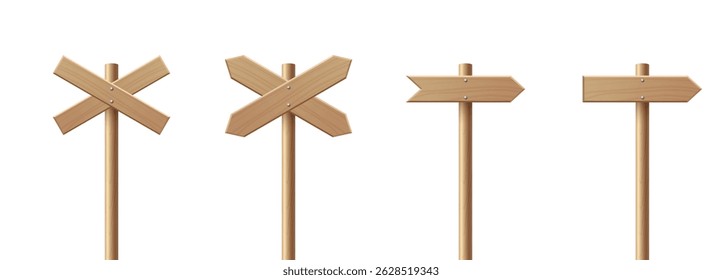 Vector Realistic Wooden Blank Sign Post Set. Realistic Road Signboard. Plywood Pointer, Timber, Directional Sign Design Template, Front View. Vector Illustration in 3D Style