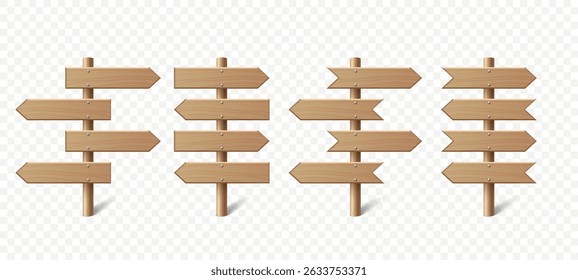 Vector Realistic Wooden Blank Sign Post Set. Realistic Road Signboard. Plywood Pointer, Timber, Directional Sign Design Template, Front View. Vector Illustration in 3D Style
