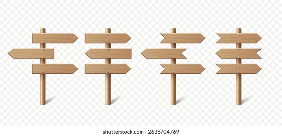 Vector Realistic Wooden Blank Sign Post Set. Realistic Road Signboard. Plywood Pointer, Timber, Directional Sign Design Template, Front View. Vector Illustration in 3D Style