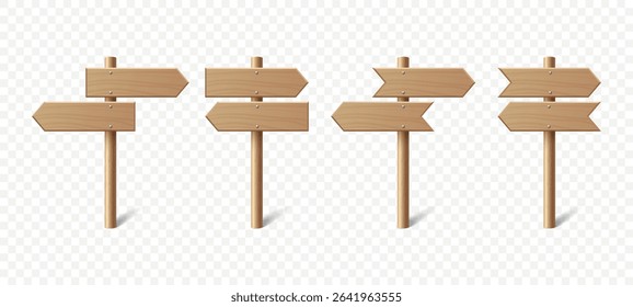 Vector Realistic Wooden Blank Sign Post Set. Realistic Road Signboard. Plywood Pointer, Timber, Directional Sign Design Template, Front View. Vector Illustration in 3D Style