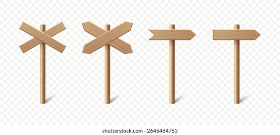Vector Realistic Wooden Blank Sign Post Set. Realistic Road Signboard. Plywood Pointer, Timber, Directional Sign Design Template, Front View. Vector Illustration in 3D Style